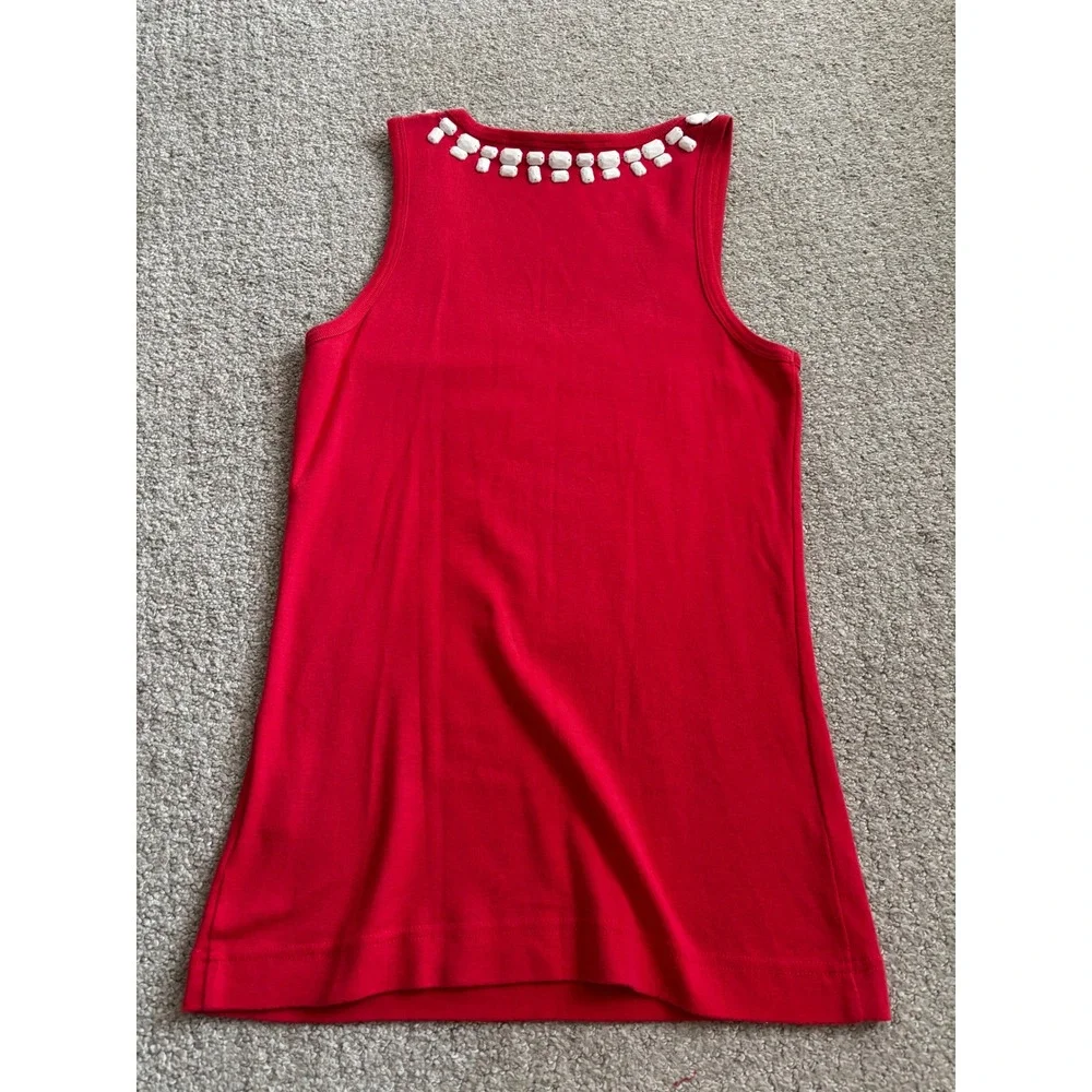 Tory Burch Tank Top Small Red White Beaded Bib Embellished Cotton Sleeveless